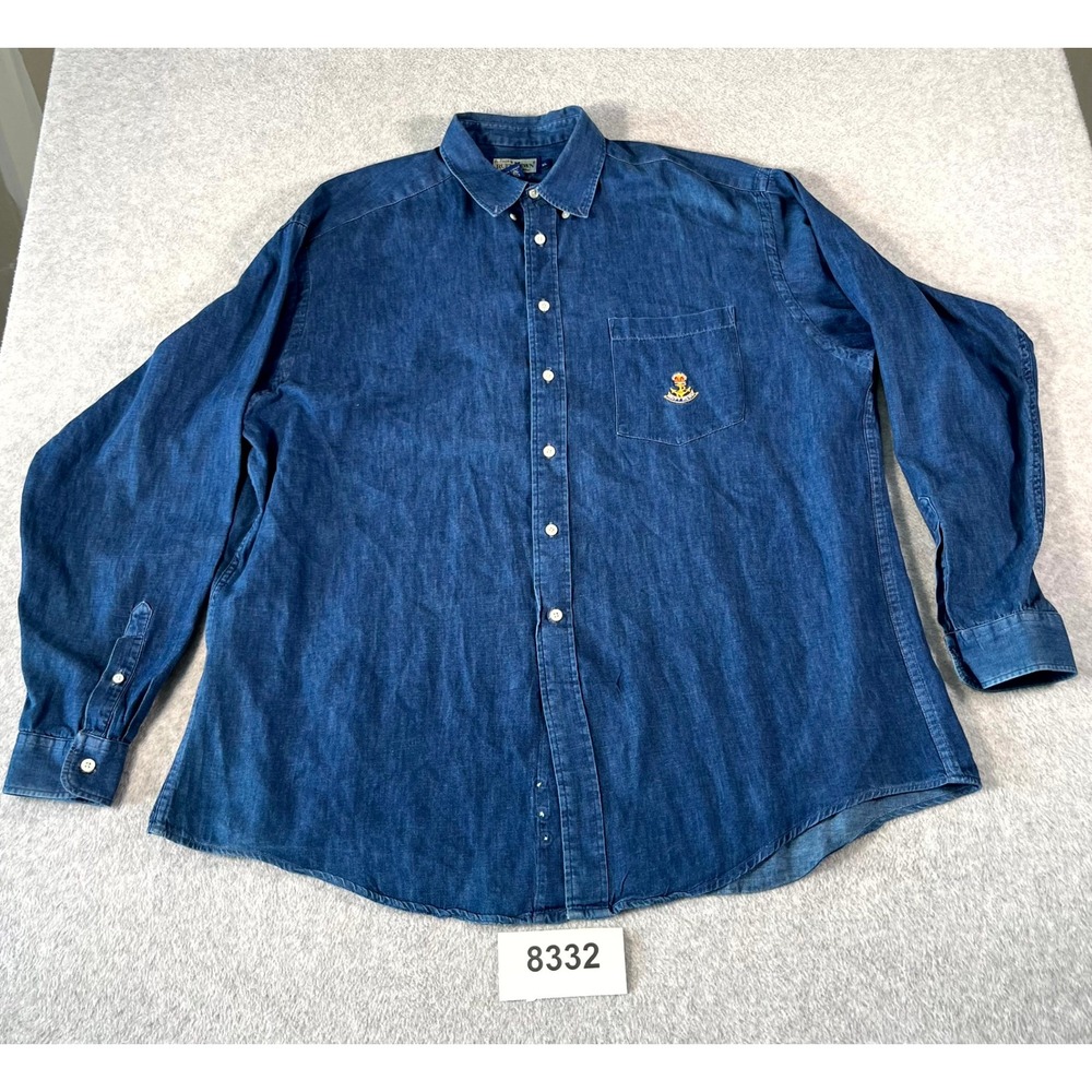 Ruff Hewn Shirt Mens XL Blue Denim Cotton Embroidered Logo Collared Button Down